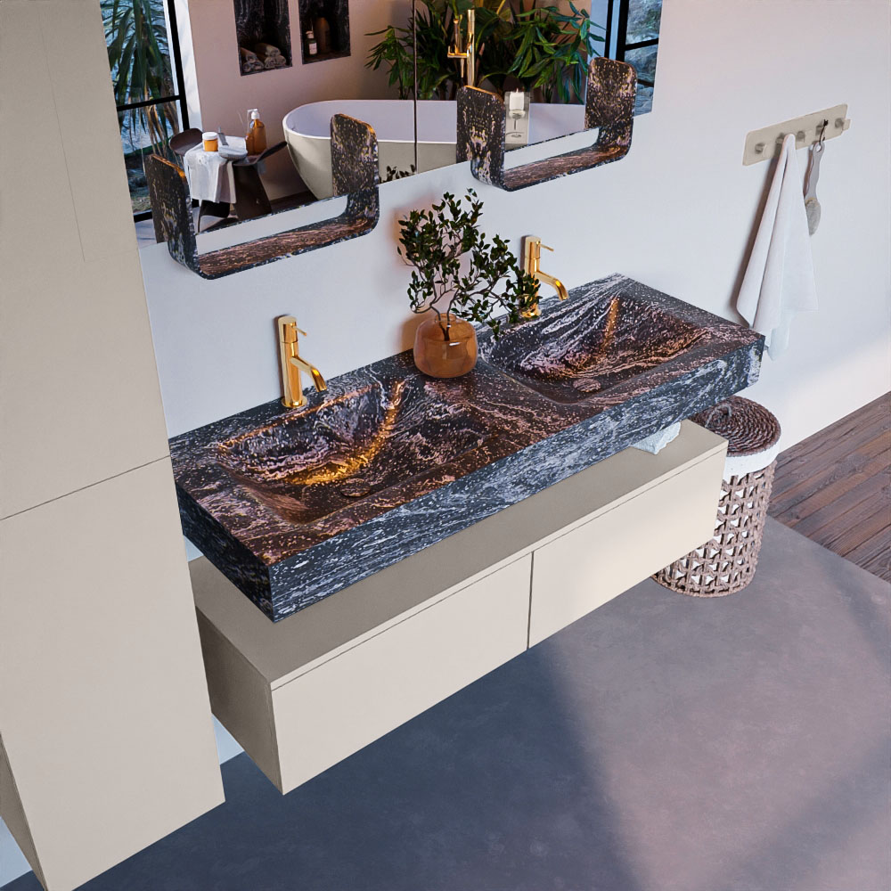 MONDIAZ ALAN-DLUX 130cm mueble de baño Linen 2 cajones. Lavabo CLOUD Doble 2 orificios color Lava. 1 MONDIAZ ALAN-DLUX 130cm mueble de baño Linen 2 cajones. Lavabo CLOUD Doble 2 orificios color Lava.