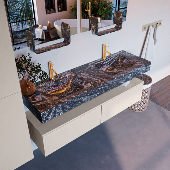 MONDIAZ ALAN-DLUX 150cm mueble de baño Linen 2 cajones. Lavabo CLOUD Doble 2 orificios color Lava.