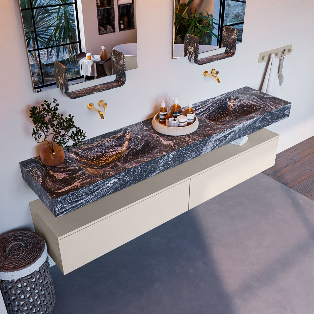 MONDIAZ ALAN-DLUX 200cm mueble de baño Linen 2 cajones. Lavabo CLOUD Doble sin orificios color Lava. 1 MONDIAZ ALAN-DLUX 200cm mueble de baño Linen 2 cajones. Lavabo CLOUD Doble sin orificios color Lava.