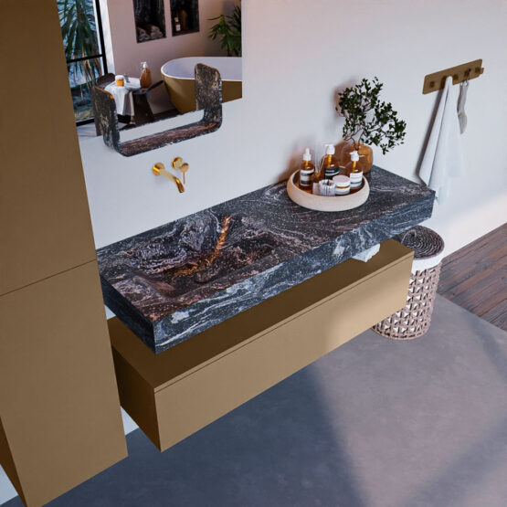 MONDIAZ ALAN-DLUX 130cm mueble de baño Oro 1 cajón. Lavabo CLOUD Izquierda sin orificios color Lava.