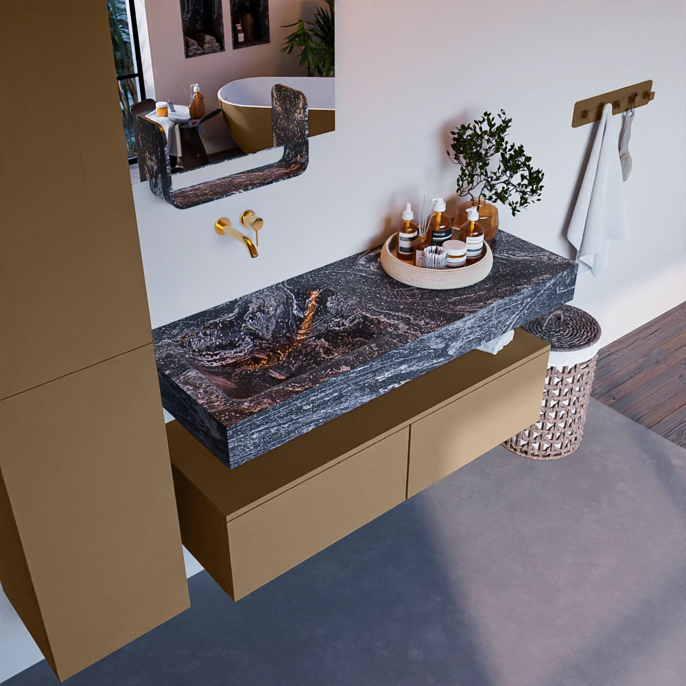 MONDIAZ ALAN-DLUX 120cm mueble de baño Oro 2 cajones. Lavabo CLOUD Izquierda sin orificios color Lava. 1 MONDIAZ ALAN-DLUX 120cm mueble de baño Oro 2 cajones. Lavabo CLOUD Izquierda sin orificios color Lava.