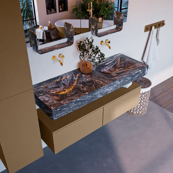 MONDIAZ ALAN-DLUX 130cm mueble de baño Oro 2 cajones. Lavabo CLOUD Doble sin orificios color Lava.