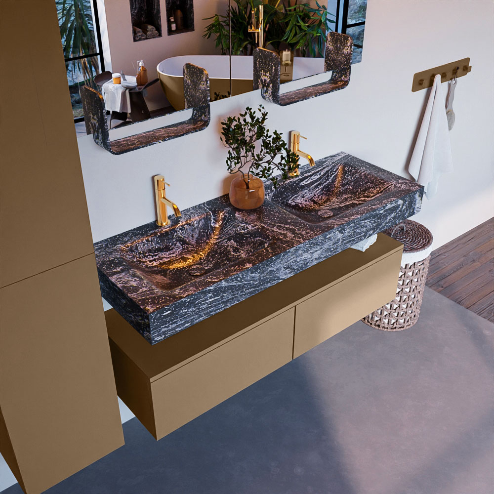 MONDIAZ ALAN-DLUX 130cm mueble de baño Oro 2 cajones. Lavabo CLOUD Doble 2 orificios color Lava. 1 MONDIAZ ALAN-DLUX 130cm mueble de baño Oro 2 cajones. Lavabo CLOUD Doble 2 orificios color Lava.