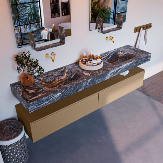 MONDIAZ ALAN-DLUX 200cm mueble de baño Oro 2 cajones. Lavabo CLOUD Doble sin orificios color Lava.