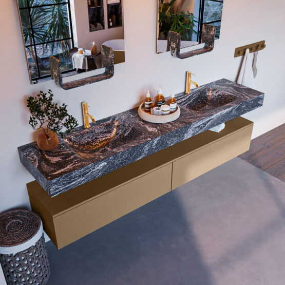 MONDIAZ ALAN-DLUX 200cm mueble de baño Oro 2 cajones. Lavabo CLOUD Doble 2 orificios color Lava.