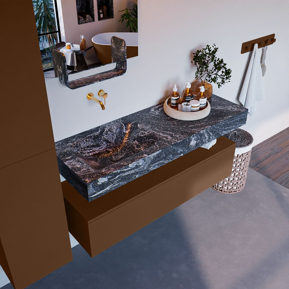 MONDIAZ ALAN-DLUX 130cm mueble de baño Rust 1 cajón. Lavabo CLOUD Izquierda sin orificios color Lava. 1 MONDIAZ ALAN-DLUX 130cm mueble de baño Rust 1 cajón. Lavabo CLOUD Izquierda sin orificios color Lava.