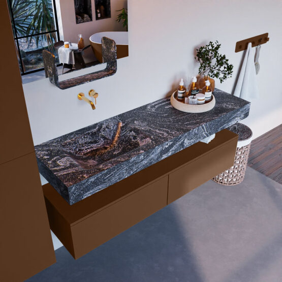 MONDIAZ ALAN-DLUX 150cm mueble de baño Rust 2 cajones. Lavabo CLOUD Izquierda sin orificios color Lava.