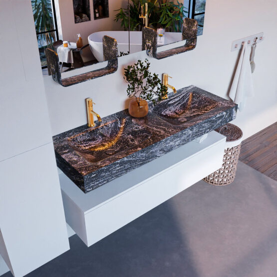 MONDIAZ ALAN-DLUX 130cm mueble de baño Talc 1 cajón. Lavabo CLOUD Doble 2 orificios color Lava.