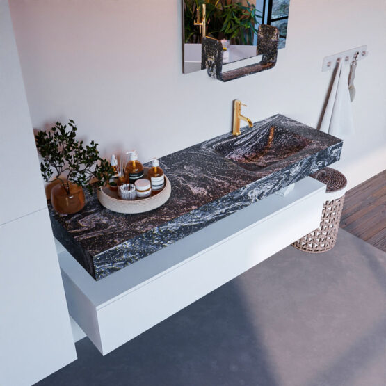 MONDIAZ ALAN-DLUX 150cm mueble de baño Talc 1 cajón. Lavabo CLOUD Derecho 1 orificio color Lava.