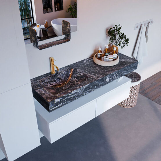 MONDIAZ ALAN-DLUX 130cm mueble de baño Talc 2 cajones. Lavabo CLOUD Izquierda 1 orificio color Lava.