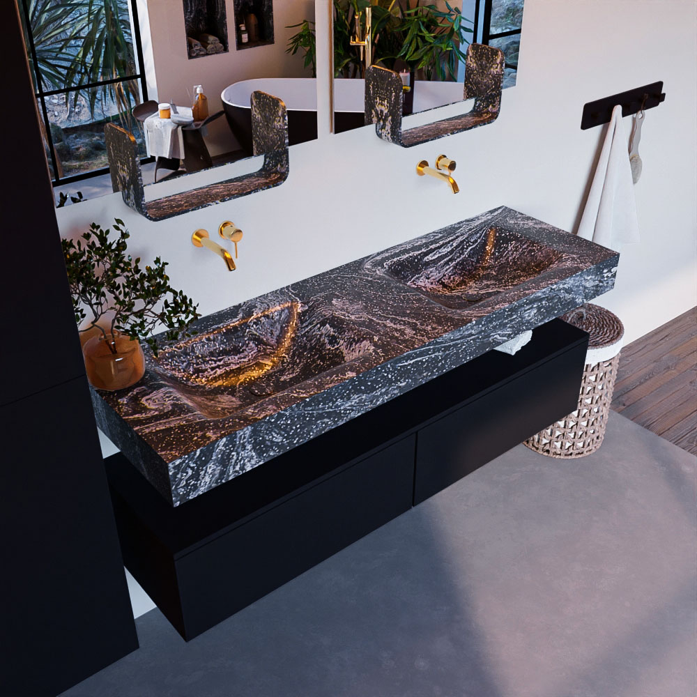 MONDIAZ ALAN-DLUX 150cm mueble de baño Urban 2 cajones. Lavabo CLOUD Doble sin orificios color Lava. 1 MONDIAZ ALAN-DLUX 150cm mueble de baño Urban 2 cajones. Lavabo CLOUD Doble sin orificios color Lava.