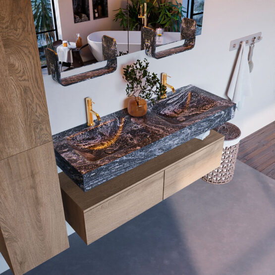 MONDIAZ ALAN-DLUX 130cm mueble de baño Washed Oak 2 cajones. Lavabo CLOUD Doble 2 orificios color Lava.