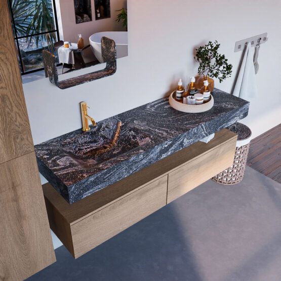 MONDIAZ ALAN-DLUX 150cm mueble de baño Washed Oak 2 cajones. Lavabo CLOUD Izquierda 1 orificio color Lava.