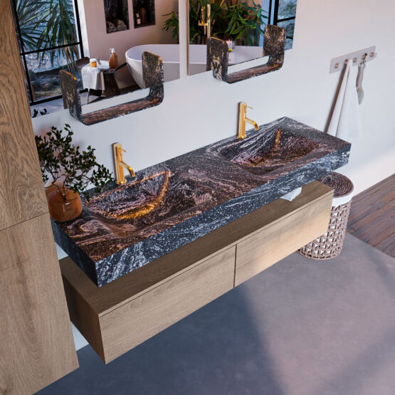 MONDIAZ ALAN-DLUX 150cm mueble de baño Washed Oak 2 cajones. Lavabo CLOUD Doble 2 orificios color Lava.