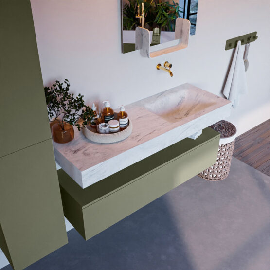 MONDIAZ ALAN-DLUX 130cm mueble de baño Army 1 cajón. Lavabo CLOUD Derecho sin orificios color Opalo.
