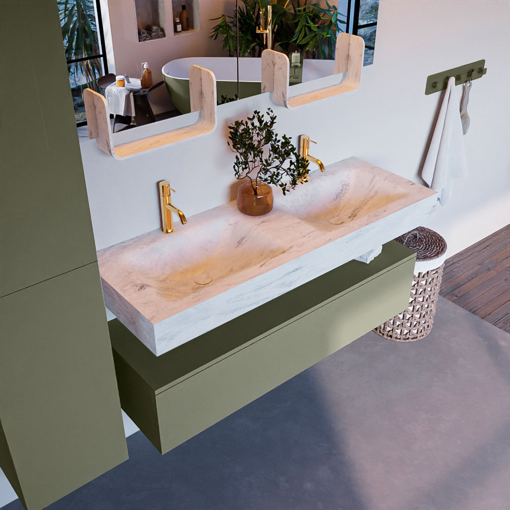 MONDIAZ ALAN-DLUX 130cm mueble de baño Army 1 cajón. Lavabo CLOUD Doble 2 orificios color Opalo. 1 MONDIAZ ALAN-DLUX 130cm mueble de baño Army 1 cajón. Lavabo CLOUD Doble 2 orificios color Opalo.