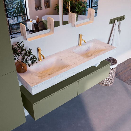 MONDIAZ ALAN-DLUX 150cm mueble de baño Army 2 cajones. Lavabo CLOUD Doble 2 orificios color Opalo.