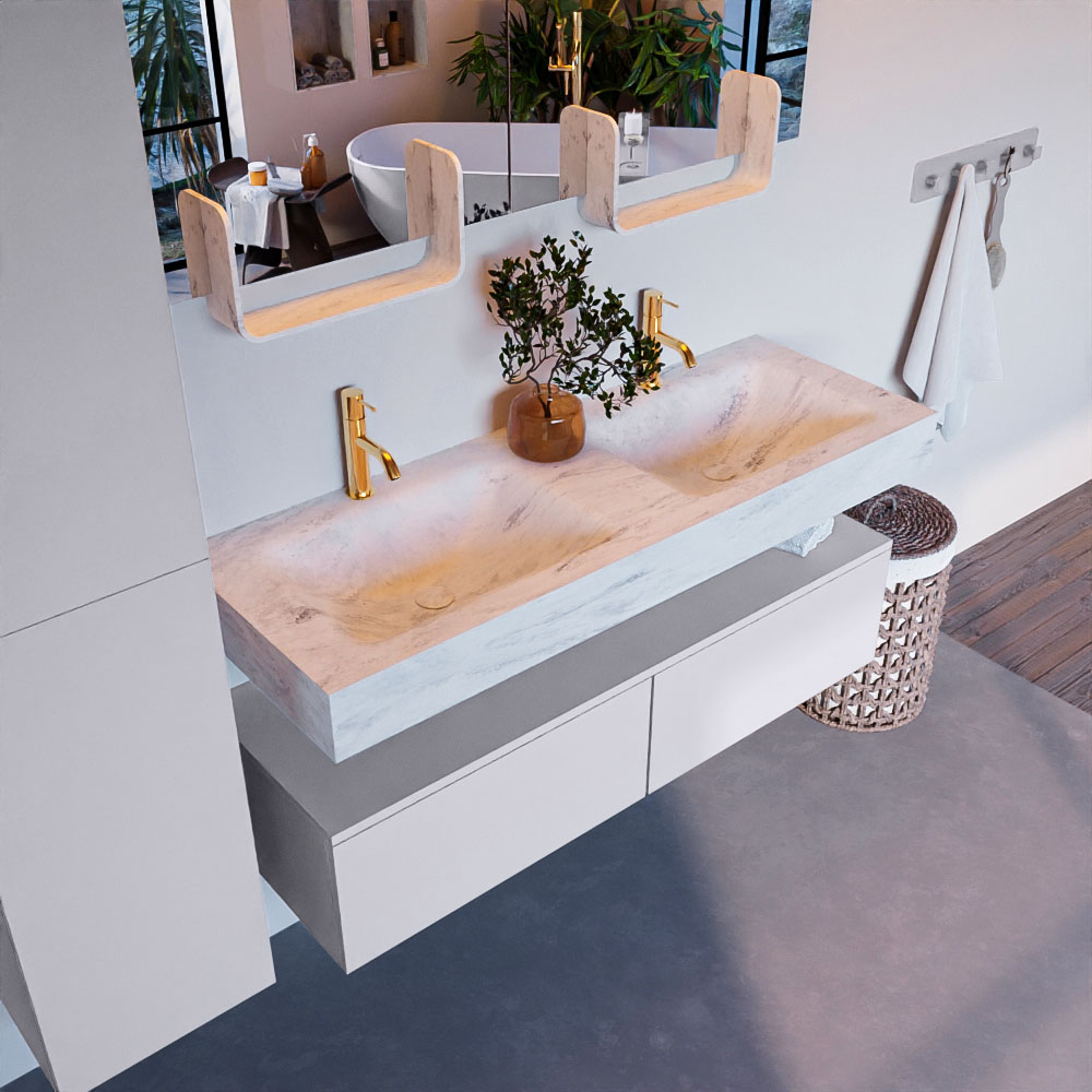 MONDIAZ ALAN-DLUX 130cm mueble de baño Cale 2 cajones. Lavabo CLOUD Doble 2 orificios color Opalo. 1 MONDIAZ ALAN-DLUX 130cm mueble de baño Cale 2 cajones. Lavabo CLOUD Doble 2 orificios color Opalo.