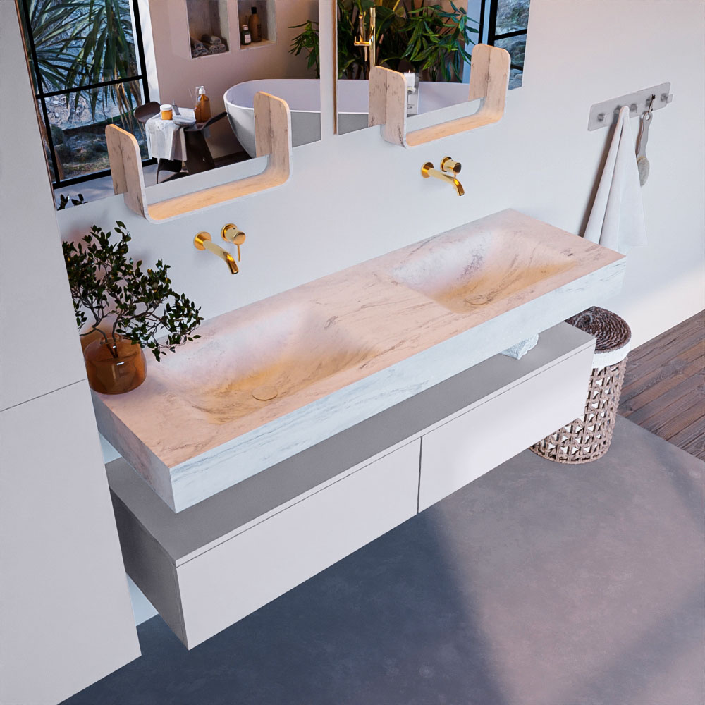 MONDIAZ ALAN-DLUX 150cm mueble de baño Cale 2 cajones. Lavabo CLOUD Doble sin orificios color Opalo. 1 MONDIAZ ALAN-DLUX 150cm mueble de baño Cale 2 cajones. Lavabo CLOUD Doble sin orificios color Opalo.