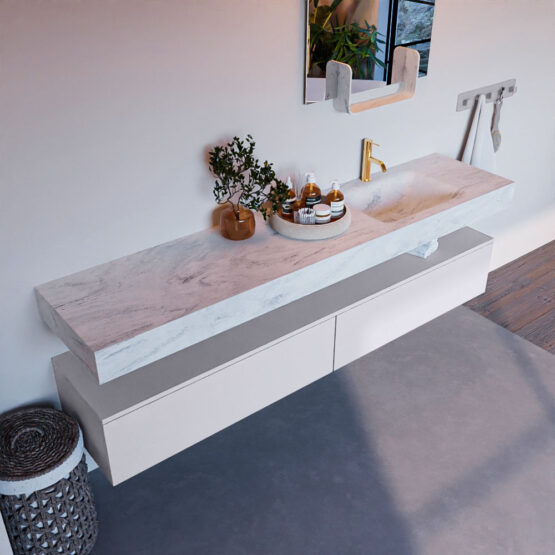 MONDIAZ ALAN-DLUX 200cm mueble de baño Cale 2 cajones. Lavabo CLOUD Derecho 1 orificio color Opalo.