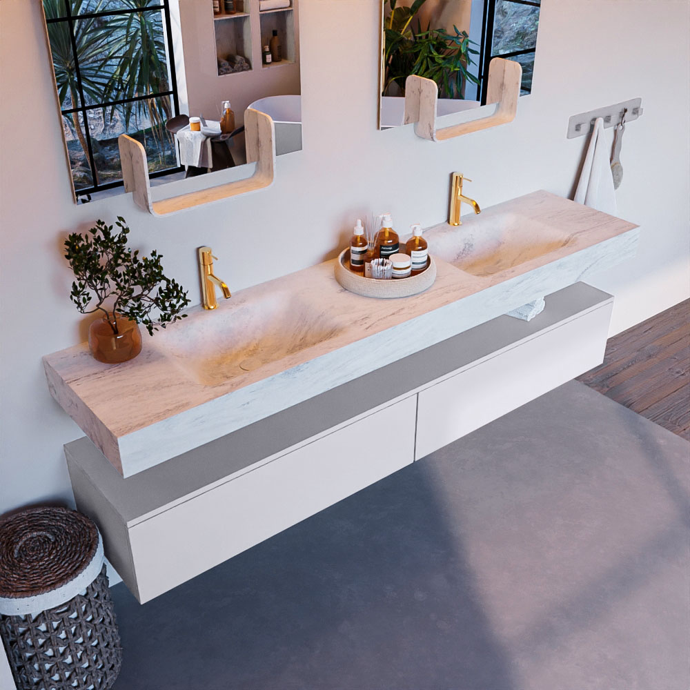 MONDIAZ ALAN-DLUX 200cm mueble de baño Cale 2 cajones. Lavabo CLOUD Doble 2 orificios color Opalo. 1 MONDIAZ ALAN-DLUX 200cm mueble de baño Cale 2 cajones. Lavabo CLOUD Doble 2 orificios color Opalo.
