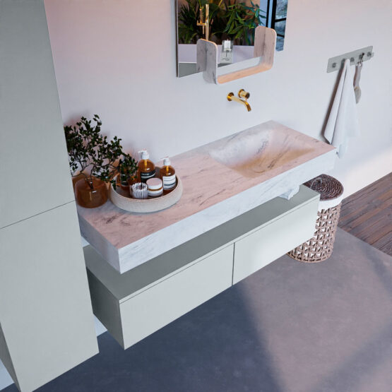 MONDIAZ ALAN-DLUX 130cm mueble de baño Clay 2 cajones. Lavabo CLOUD Derecho sin orificios color Opalo.