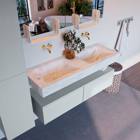 MONDIAZ ALAN-DLUX 130cm mueble de baño Clay 2 cajones. Lavabo CLOUD Doble sin orificios color Opalo.