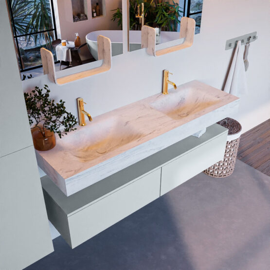 MONDIAZ ALAN-DLUX 150cm mueble de baño Clay 2 cajones. Lavabo CLOUD Doble 2 orificios color Opalo.