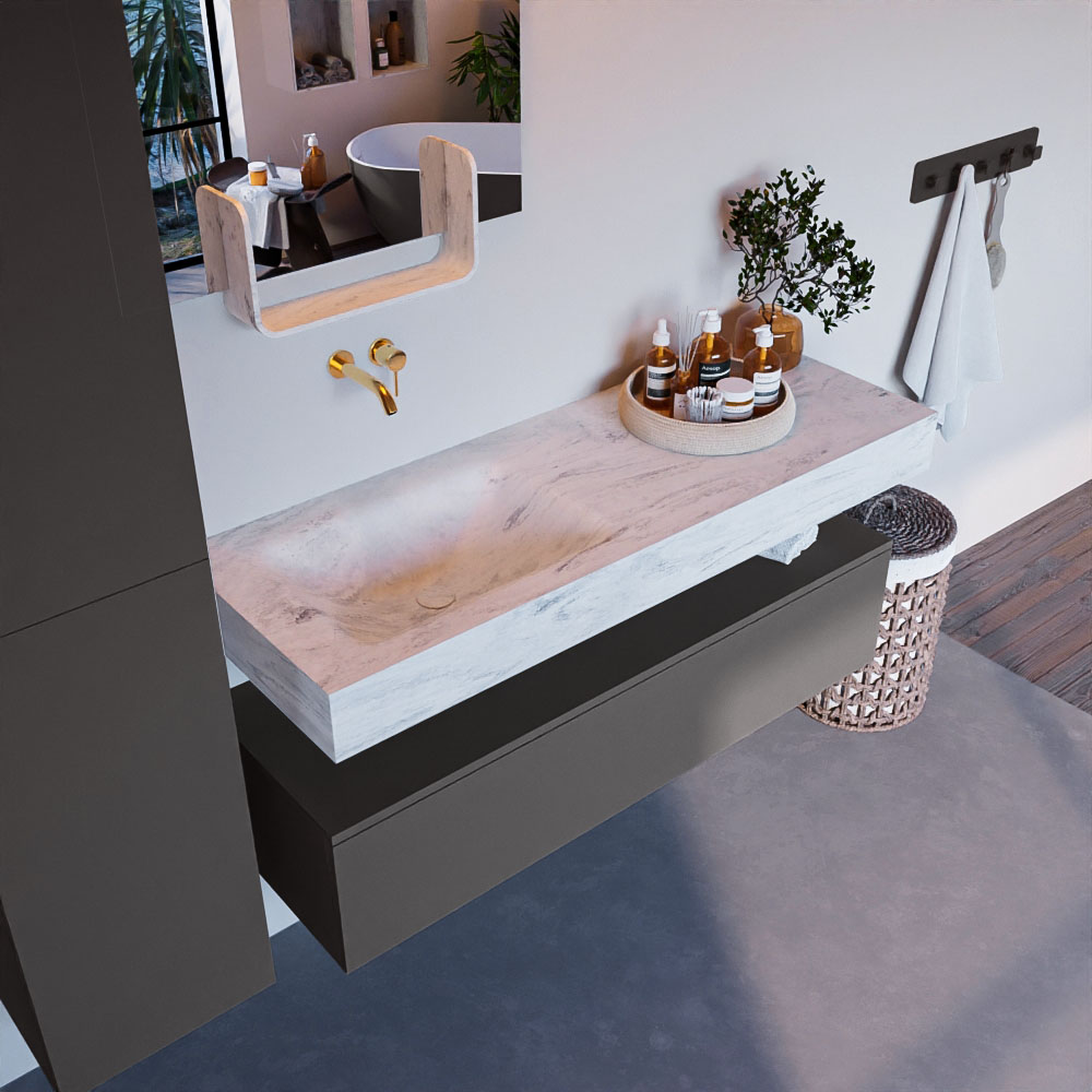MONDIAZ ALAN-DLUX 130cm mueble de baño Dark Grey 1 cajón. Lavabo CLOUD Izquierda sin orificios color Opalo. 1 MONDIAZ ALAN-DLUX 130cm mueble de baño Dark Grey 1 cajón. Lavabo CLOUD Izquierda sin orificios color Opalo.