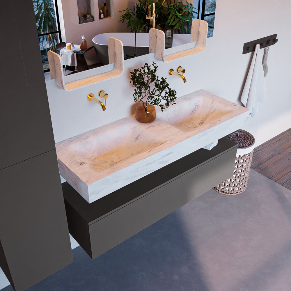 MONDIAZ ALAN-DLUX 130cm mueble de baño Dark Grey 1 cajón. Lavabo CLOUD Doble sin orificios color Opalo. 1 MONDIAZ ALAN-DLUX 130cm mueble de baño Dark Grey 1 cajón. Lavabo CLOUD Doble sin orificios color Opalo.