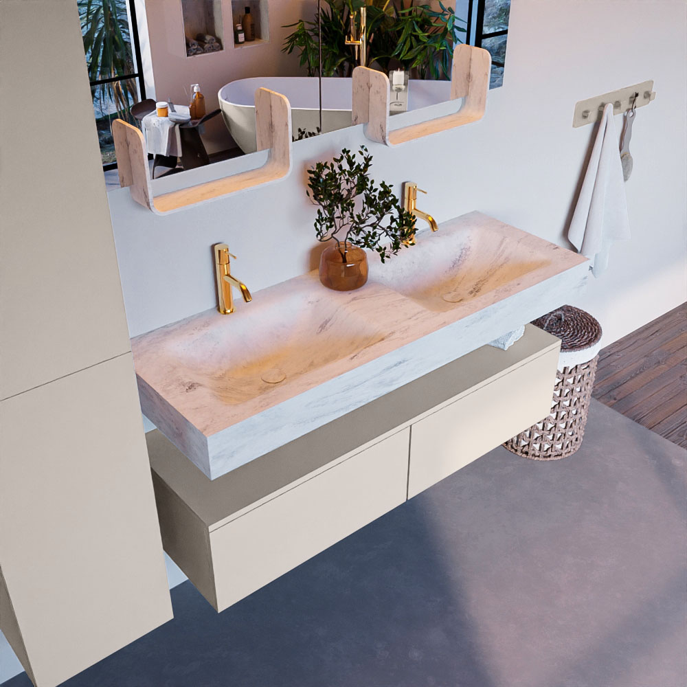 MONDIAZ ALAN-DLUX 130cm mueble de baño Linen 2 cajones. Lavabo CLOUD Doble 2 orificios color Opalo. 1 MONDIAZ ALAN-DLUX 130cm mueble de baño Linen 2 cajones. Lavabo CLOUD Doble 2 orificios color Opalo.