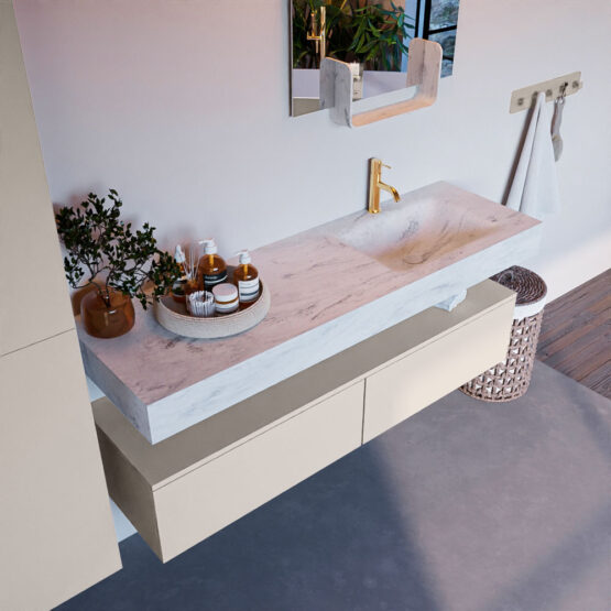 MONDIAZ ALAN-DLUX 150cm mueble de baño Linen 2 cajones. Lavabo CLOUD Derecho 1 orificio color Opalo.