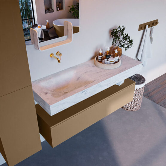 MONDIAZ ALAN-DLUX 130cm mueble de baño Oro 1 cajón. Lavabo CLOUD Izquierda sin orificios color Opalo.