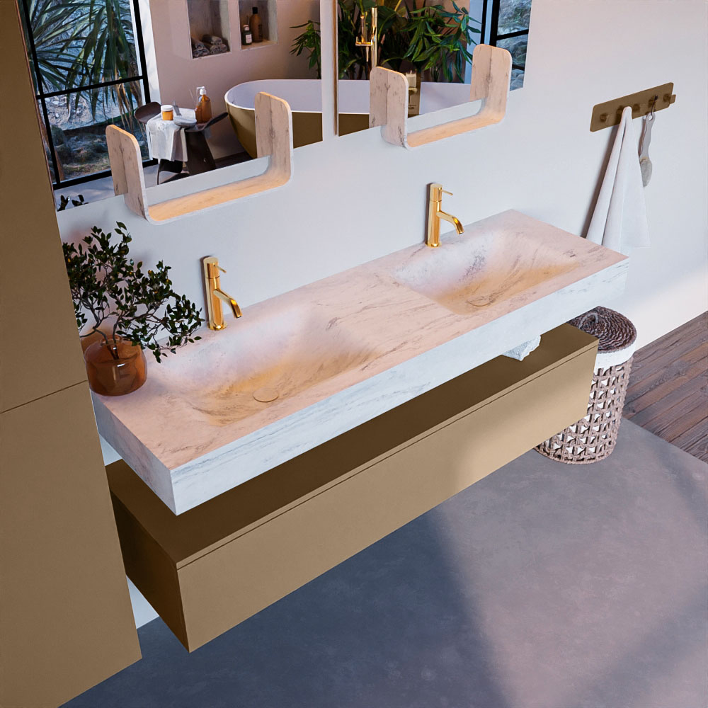 MONDIAZ ALAN-DLUX 150cm mueble de baño Oro 1 cajón. Lavabo CLOUD Doble 2 orificios color Opalo. 1 MONDIAZ ALAN-DLUX 150cm mueble de baño Oro 1 cajón. Lavabo CLOUD Doble 2 orificios color Opalo.