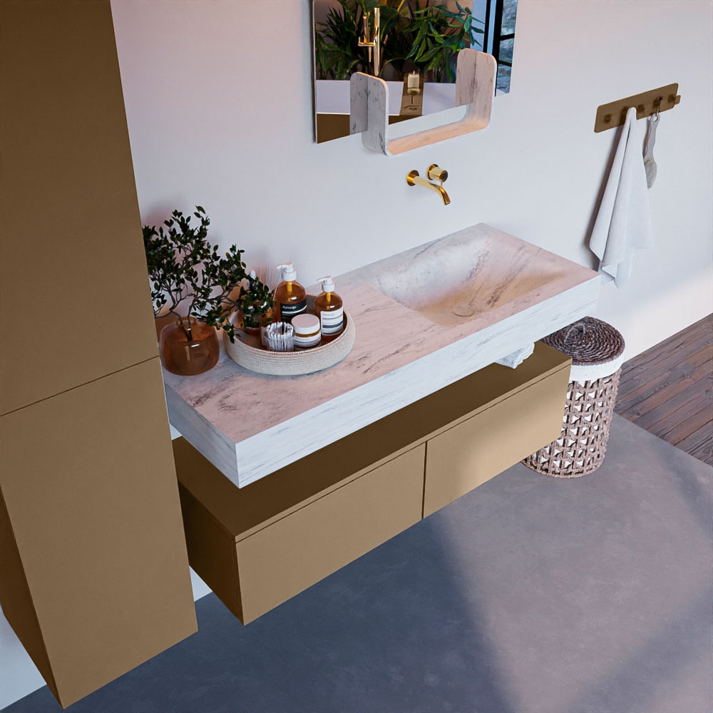 MONDIAZ ALAN-DLUX 120cm mueble de baño Oro 2 cajones. Lavabo CLOUD Derecho sin orificios color Opalo. 1 MONDIAZ ALAN-DLUX 120cm mueble de baño Oro 2 cajones. Lavabo CLOUD Derecho sin orificios color Opalo.
