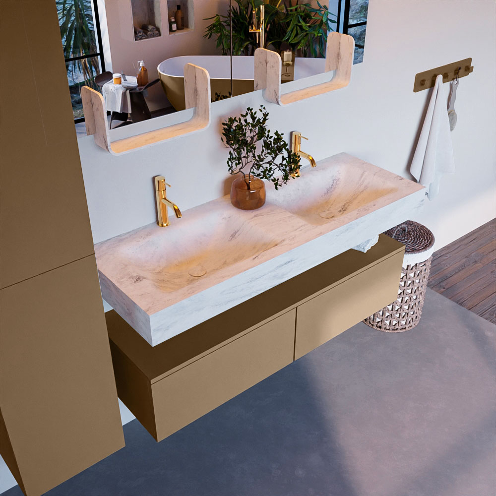 MONDIAZ ALAN-DLUX 130cm mueble de baño Oro 2 cajones. Lavabo CLOUD Doble 2 orificios color Opalo. 1 MONDIAZ ALAN-DLUX 130cm mueble de baño Oro 2 cajones. Lavabo CLOUD Doble 2 orificios color Opalo.