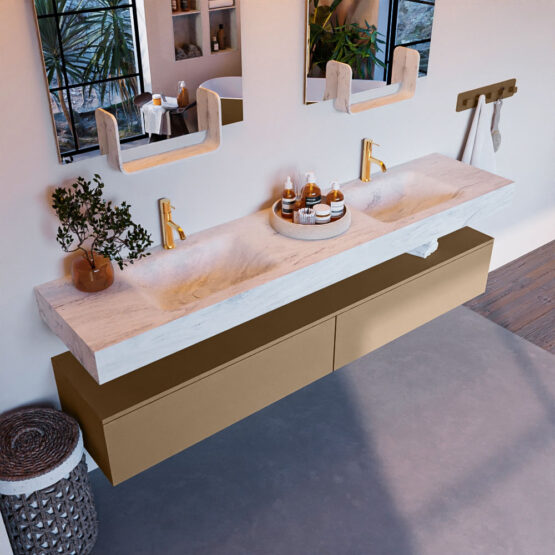 MONDIAZ ALAN-DLUX 200cm mueble de baño Oro 2 cajones. Lavabo CLOUD Doble 2 orificios color Opalo.