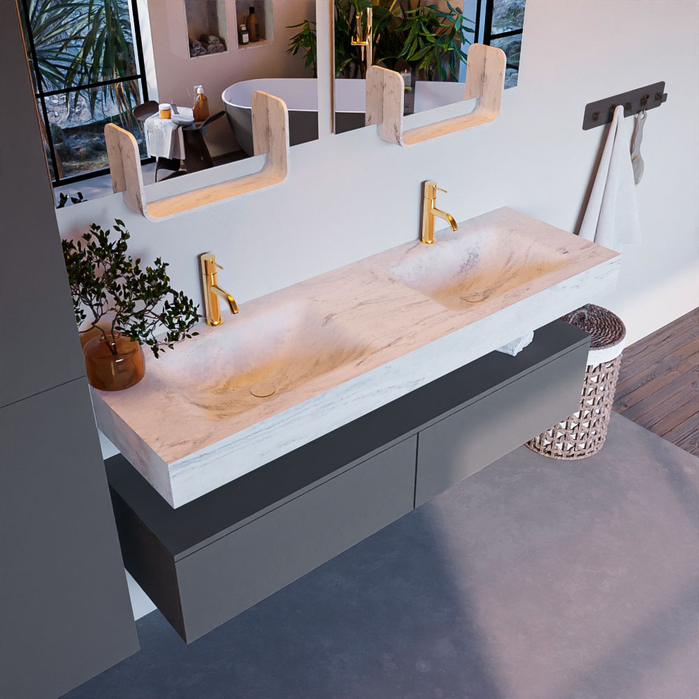 MONDIAZ ALAN-DLUX 150cm mueble de baño Plata 2 cajones. Lavabo CLOUD Doble 2 orificios color Opalo. 1 MONDIAZ ALAN-DLUX 150cm mueble de baño Plata 2 cajones. Lavabo CLOUD Doble 2 orificios color Opalo.
