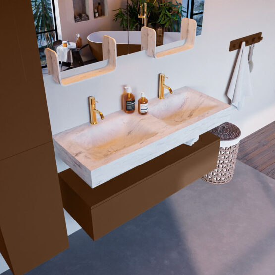 MONDIAZ ALAN-DLUX 120cm mueble de baño Rust 1 cajón. Lavabo CLOUD Doble 2 orificios color Opalo.