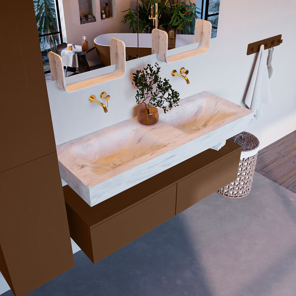 MONDIAZ ALAN-DLUX 130cm mueble de baño Rust 2 cajones. Lavabo CLOUD Doble sin orificios color Opalo. 1 MONDIAZ ALAN-DLUX 130cm mueble de baño Rust 2 cajones. Lavabo CLOUD Doble sin orificios color Opalo.