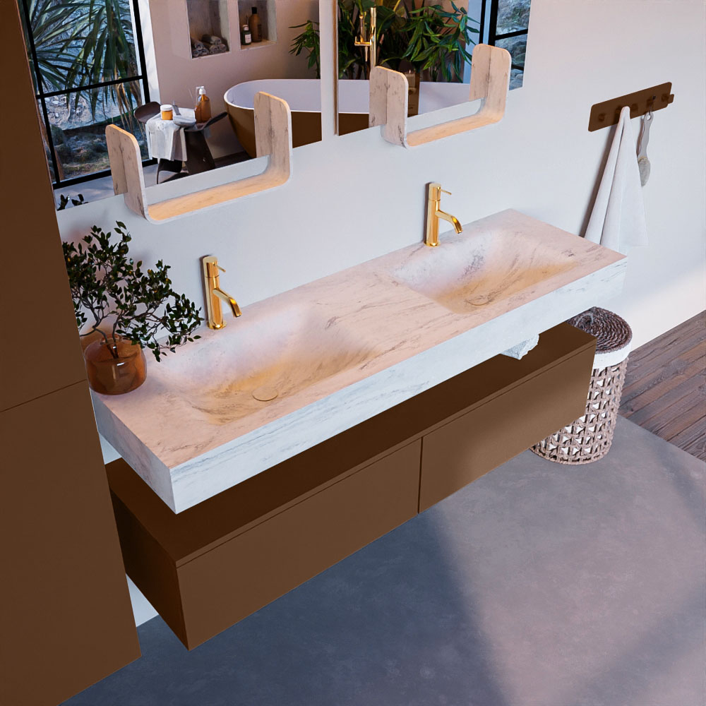 MONDIAZ ALAN-DLUX 150cm mueble de baño Rust 2 cajones. Lavabo CLOUD Doble 2 orificios color Opalo. 1 MONDIAZ ALAN-DLUX 150cm mueble de baño Rust 2 cajones. Lavabo CLOUD Doble 2 orificios color Opalo.