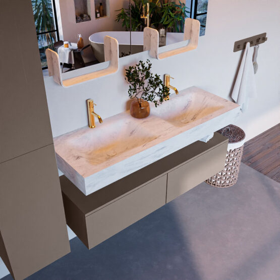MONDIAZ ALAN-DLUX 130cm mueble de baño Smoke 2 cajones. Lavabo CLOUD Doble 2 orificios color Opalo.