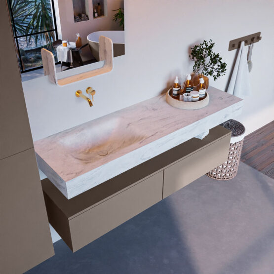 MONDIAZ ALAN-DLUX 150cm mueble de baño Smoke 2 cajones. Lavabo CLOUD Izquierda sin orificios color Opalo.