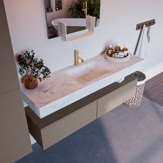 MONDIAZ ALAN-DLUX 150cm mueble de baño Smoke 2 cajones. Lavabo CLOUD Centro 1 orificio color Opalo.