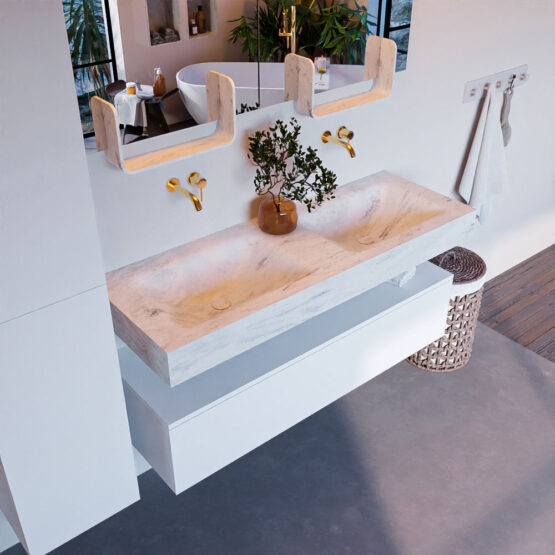 MONDIAZ ALAN-DLUX 130cm mueble de baño Talc 1 cajón. Lavabo CLOUD Doble sin orificios color Opalo.