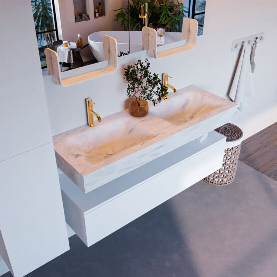 MONDIAZ ALAN-DLUX 130cm mueble de baño Talc 1 cajón. Lavabo CLOUD Doble 2 orificios color Opalo.