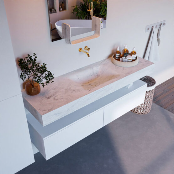 MONDIAZ ALAN-DLUX 150cm mueble de baño Talc 2 cajones. Lavabo CLOUD Centro sin orificios color Opalo.