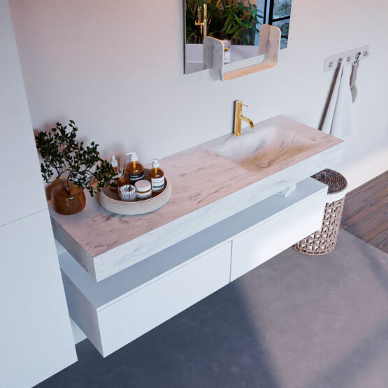 MONDIAZ ALAN-DLUX 150cm mueble de baño Talc 2 cajones. Lavabo CLOUD Derecho 1 orificio color Opalo.