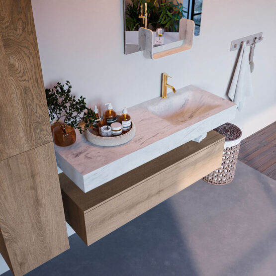 MONDIAZ ALAN-DLUX 130cm mueble de baño Washed Oak 1 cajón. Lavabo CLOUD Derecho 1 orificio color Opalo.