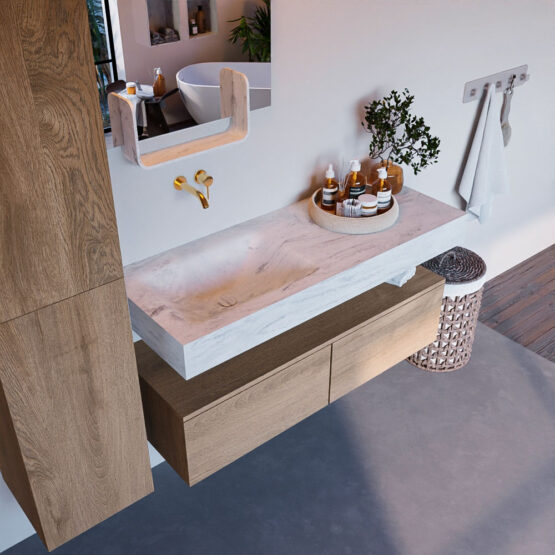 MONDIAZ ALAN-DLUX 120cm mueble de baño Washed Oak 2 cajones. Lavabo CLOUD Izquierda sin orificios color Opalo.